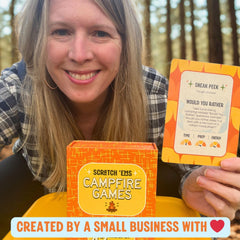 Scratch 'Ems Campfire Games vintage-art cards enhance outdoor ambiance.
