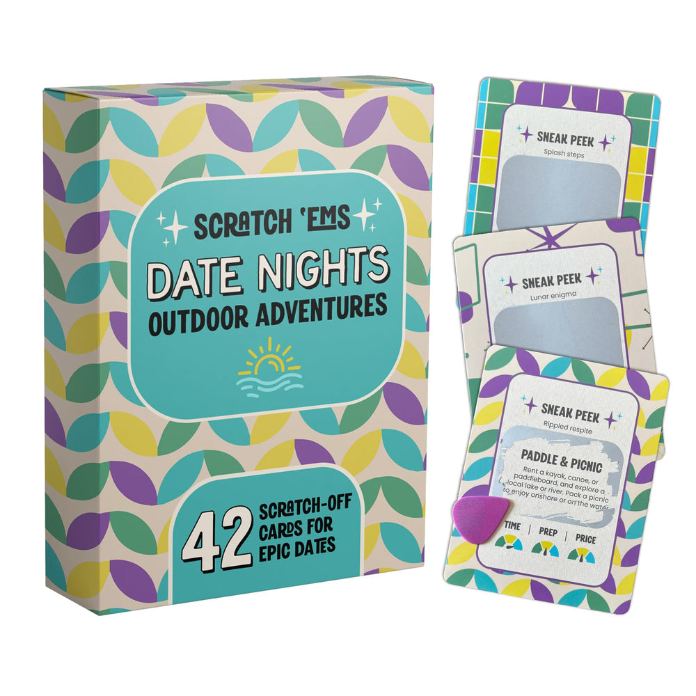 Scratch 'Ems date nights cover with vintage design, ideal for outdoor adventures and bonding.