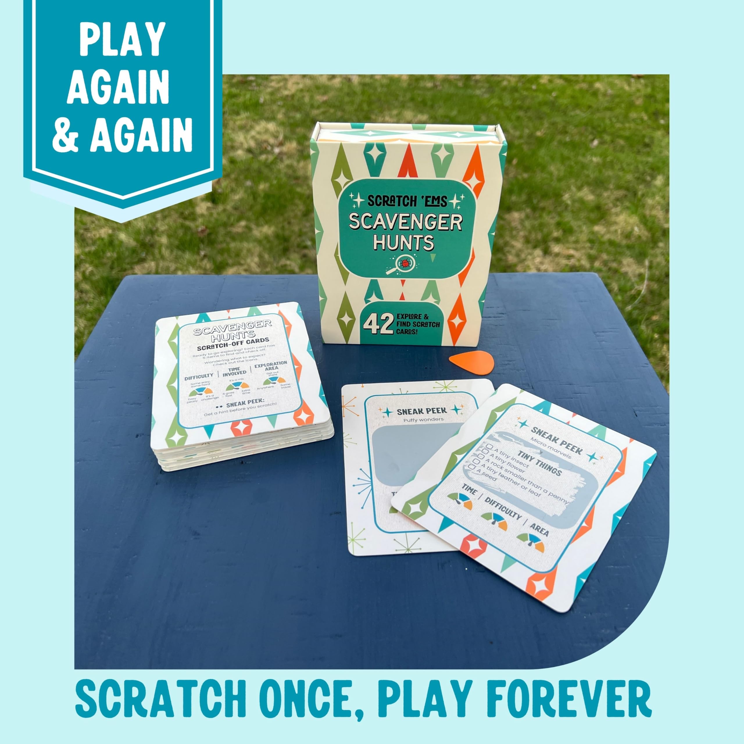 Scratch 'Ems durable adventure cards with nostalgic retro artwork for memorable outdoor hunts