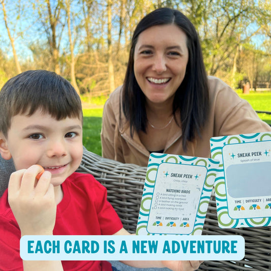 Scratch 'Ems family outdoor card in backyard for year-round nature discovery