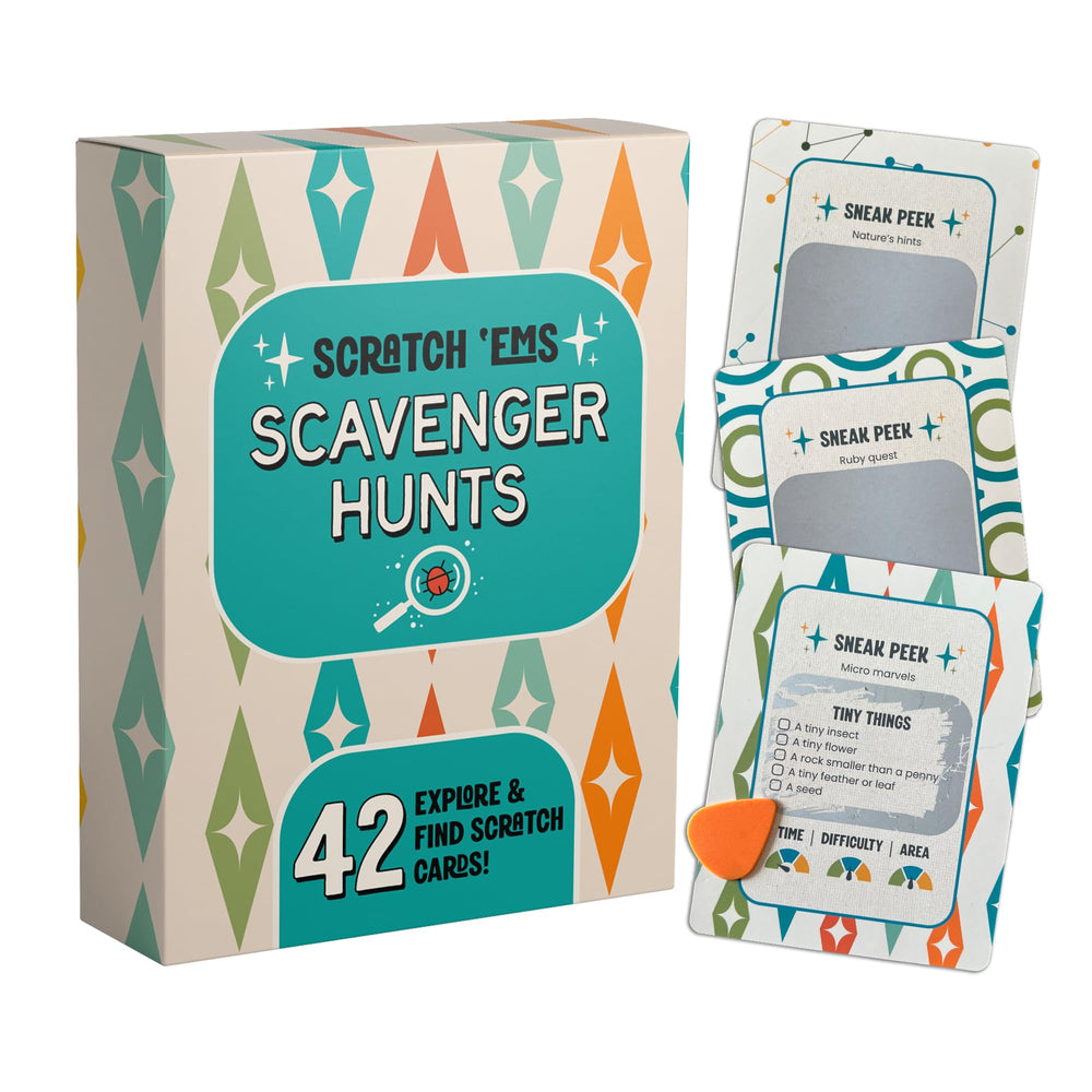 Scratch 'Ems scavenger hunt card forest scene promotes outdoor observation for kids