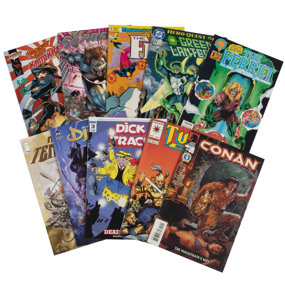 SCS Direct 10-assorted comic pack cover featuring bold heroes, ideal for gifting inspiration.