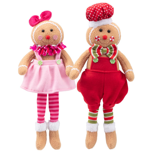 SCS Direct Christmas gingerbread boy plush in Santa outfit, ideal for shelf decor.