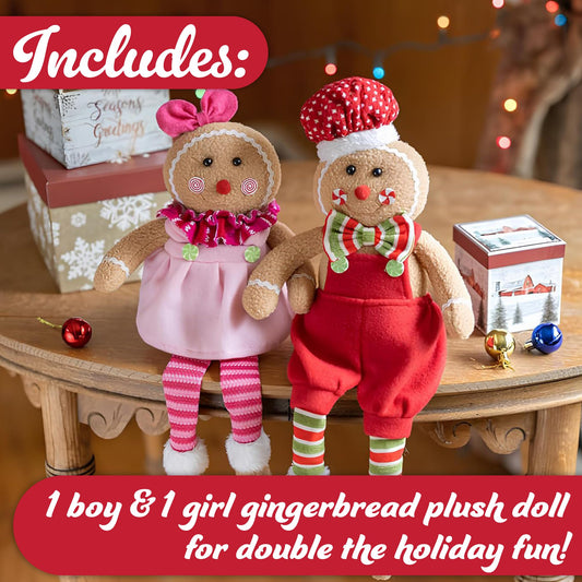 SCS Direct gingerbread girl plush wearing Santa attire, perfect for mantel displays.