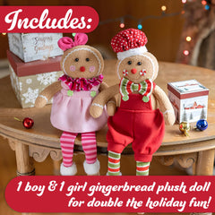 SCS Direct gingerbread girl plush wearing Santa attire, perfect for mantel displays.