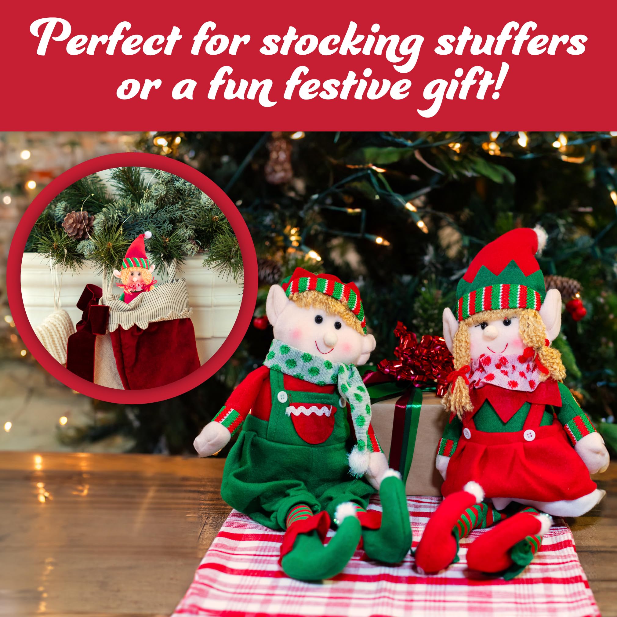 SCS Direct elf plush 18-inch set, great for gift exchanges and decor.