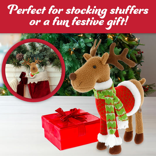 SCS Direct Reindeer Plush with coat and scarf, festive holiday outfit.