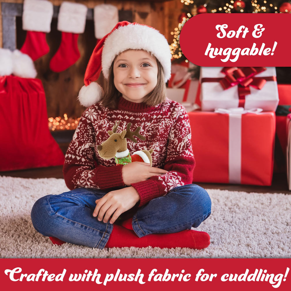 SCS Direct Reindeer Plush as cozy Christmas decor on a shelf.
