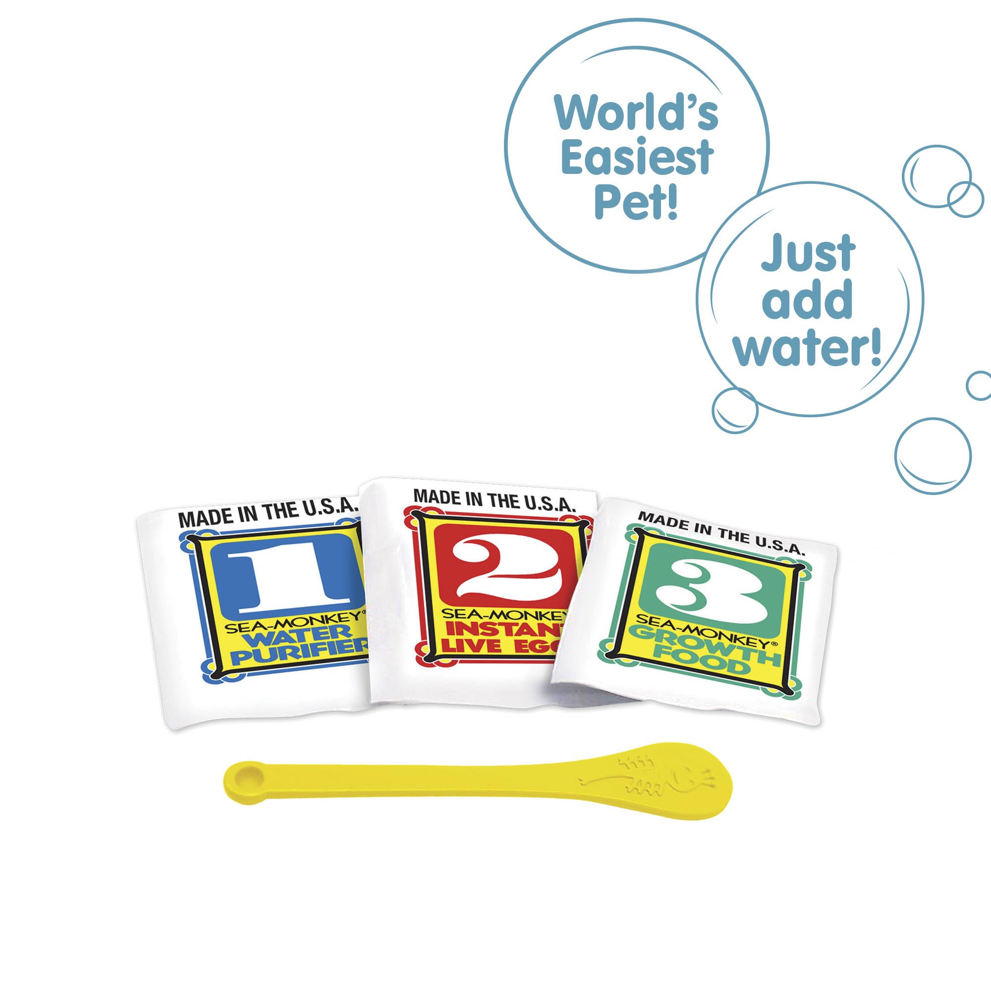 Sea-Monkeys Instant Life packets include Water Purifier, Live Eggs, and Growth Food.