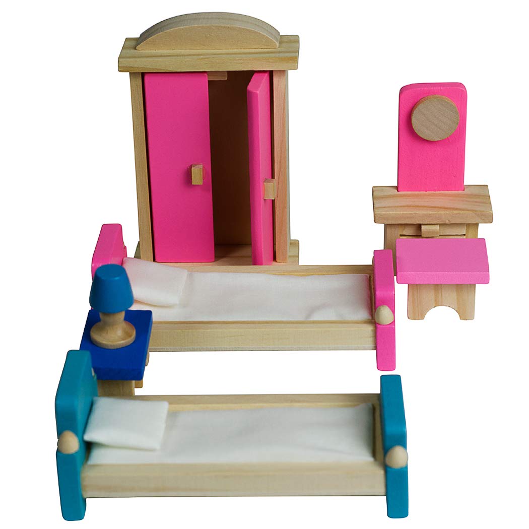 Seanmi bedroom dollhouse set with beds, wardrobe, dresser and lamp