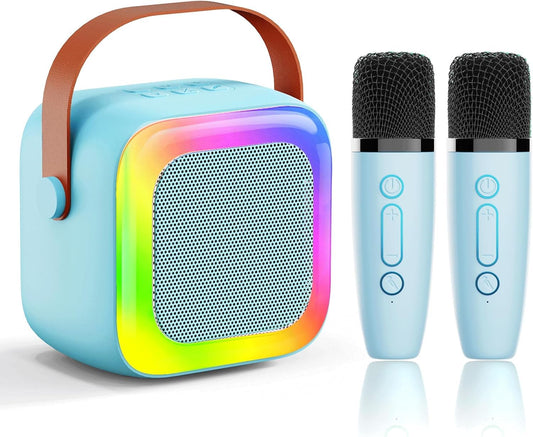 SECULEAD mini karaoke machine with two mics, blue, ideal for family parties.