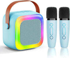 SECULEAD mini karaoke machine with two mics, blue, ideal for family parties.