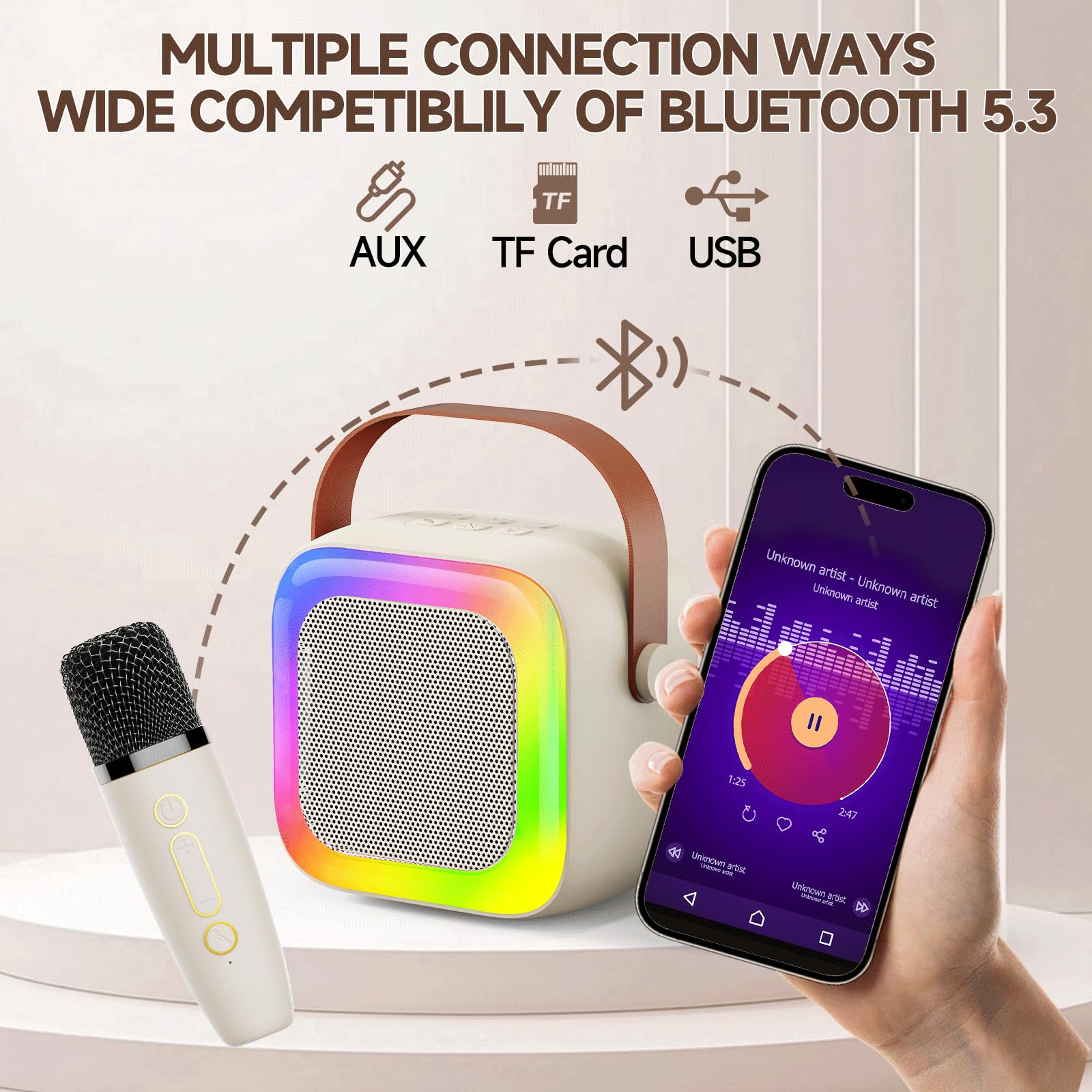SECULEAD mini karaoke creates a party atmosphere with colorful lights and voice effects.