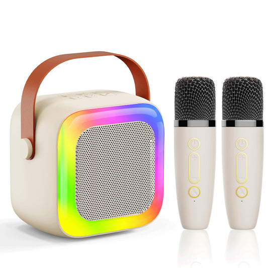 SECULEAD mini karaoke with two wireless mics and bright LED lights for lively performances.