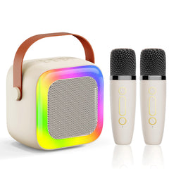 SECULEAD mini karaoke with two wireless mics and bright LED lights for lively performances.