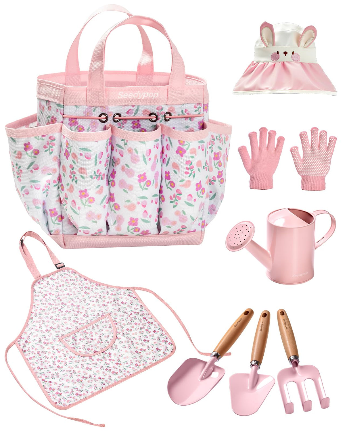 Seedypop Kids Gardening Tool Set with pink hat for sunny outdoor play.
