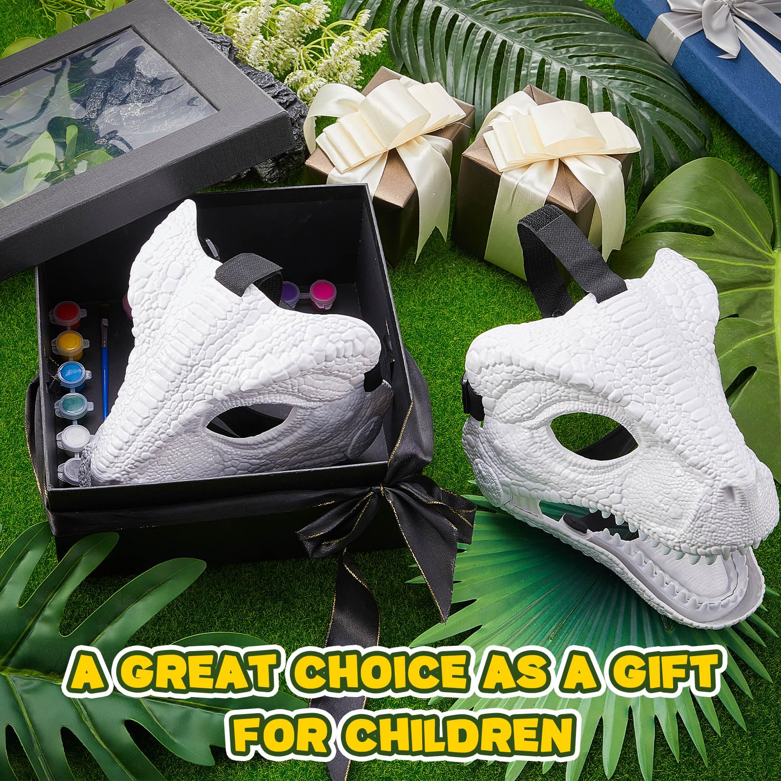 Seenelling dino mask in a party scene for Halloween or stage.