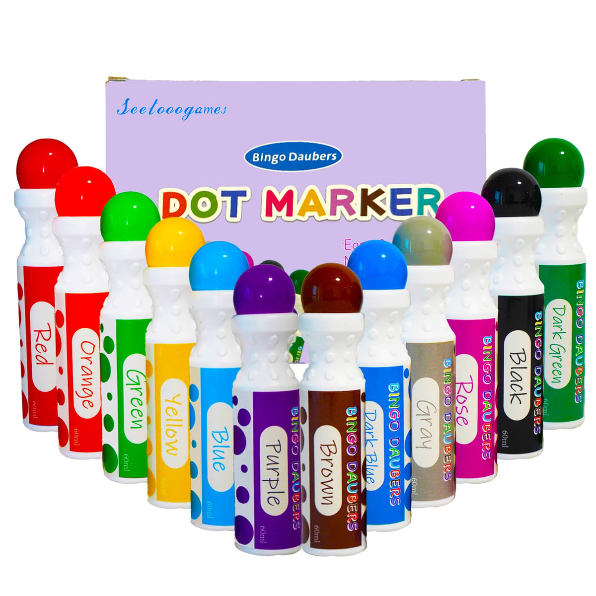 SEETOOOGAMES Bingo Daubers 12-color set front view for vibrant, kid-friendly dot art
