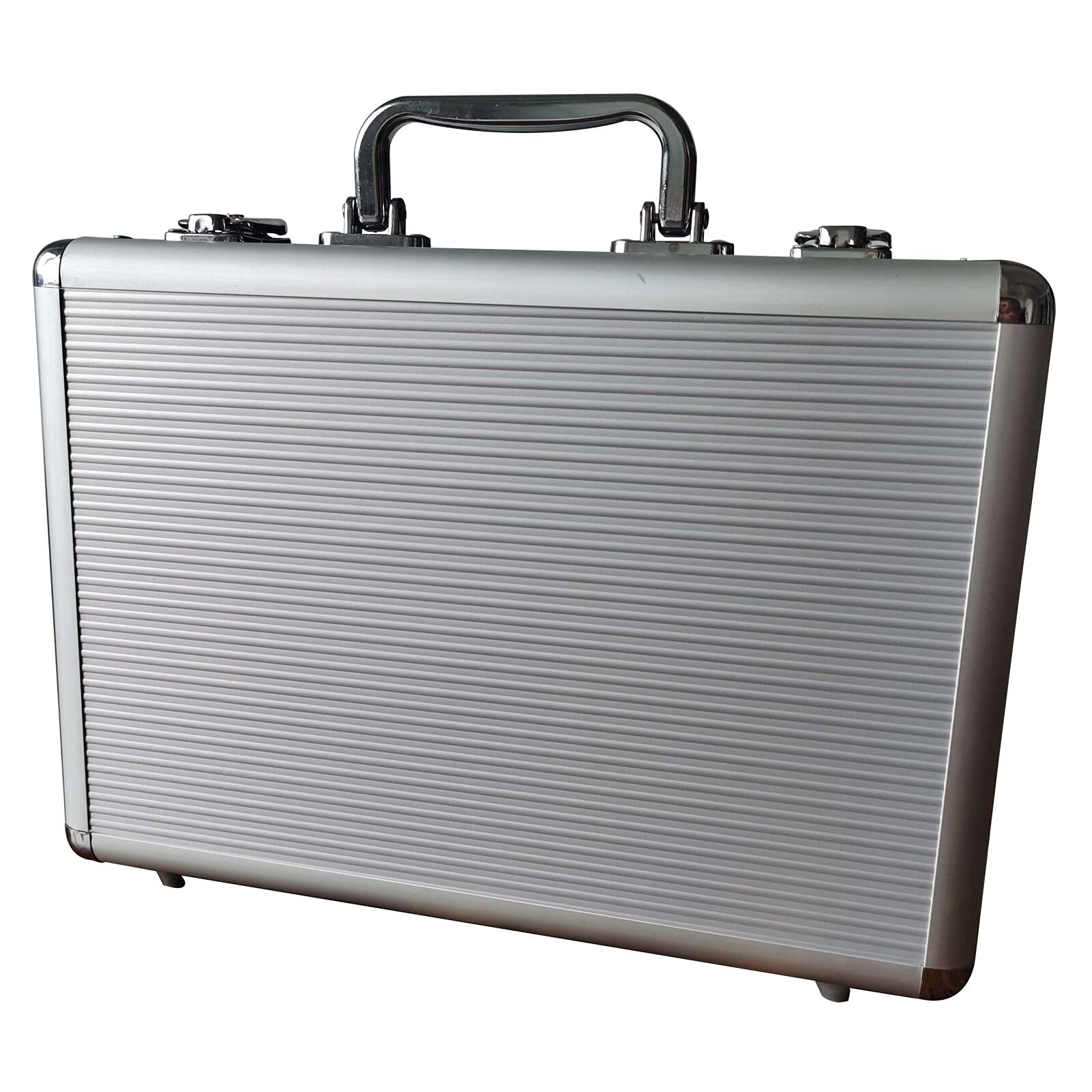 SEETOOOGAMES empty aluminum poker chip case front view, durable and portable storage for games.