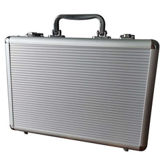 SEETOOOGAMES empty aluminum poker chip case front view, durable and portable storage for games.