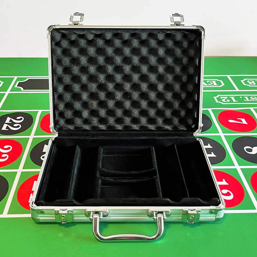 SEETOOOGAMES empty aluminum poker chip case interior with felt, organized space for chips and cards.
