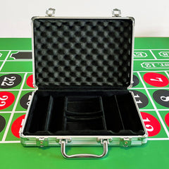 SEETOOOGAMES empty aluminum poker chip case interior with felt, organized space for chips and cards.
