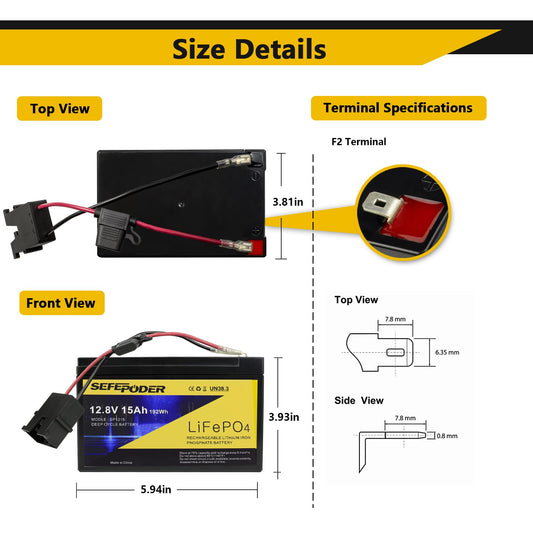 SEFEPODER 12V LiFePO4 battery side view, lightweight and easy to handle