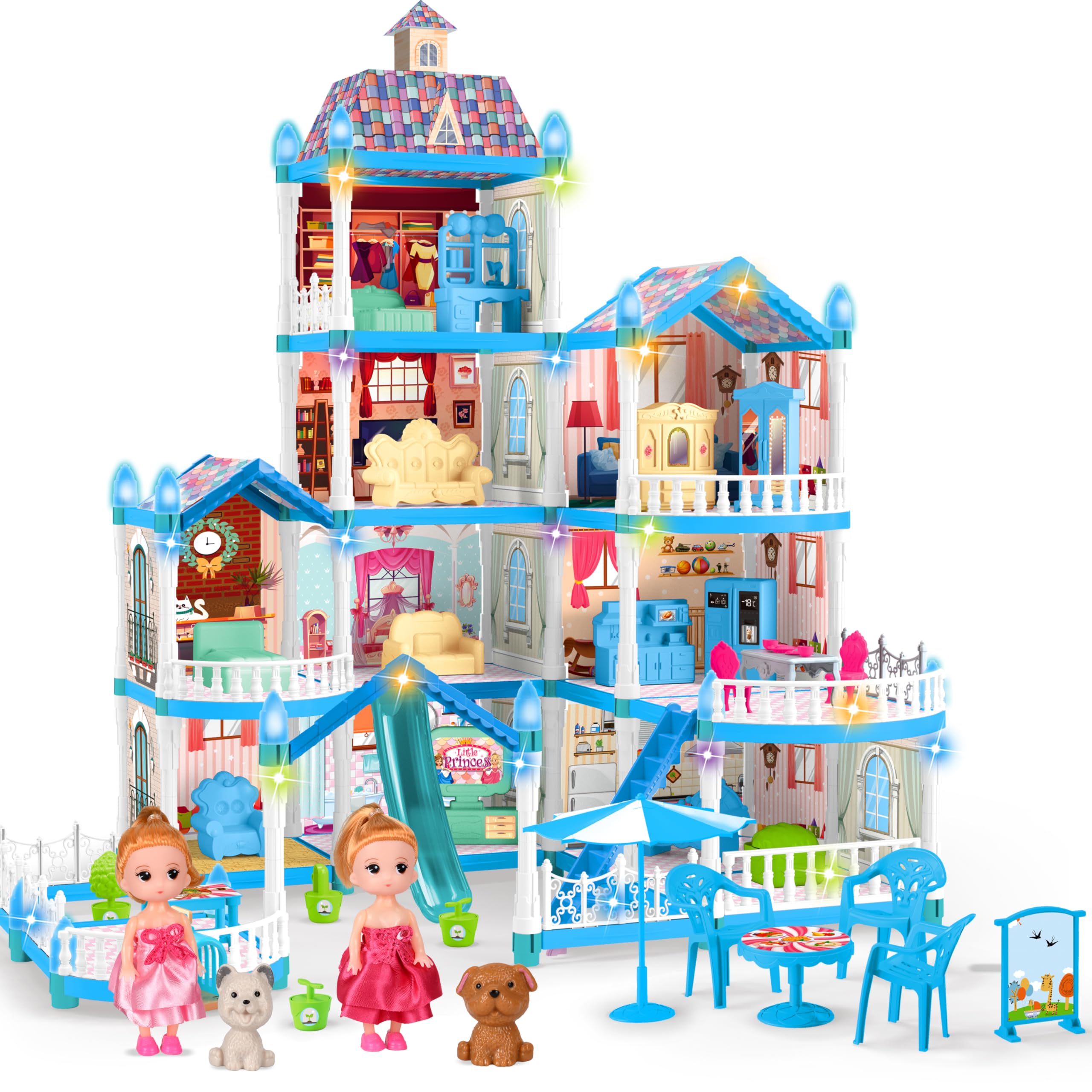 Seifar doll house blue exterior view for imaginative play sessions.