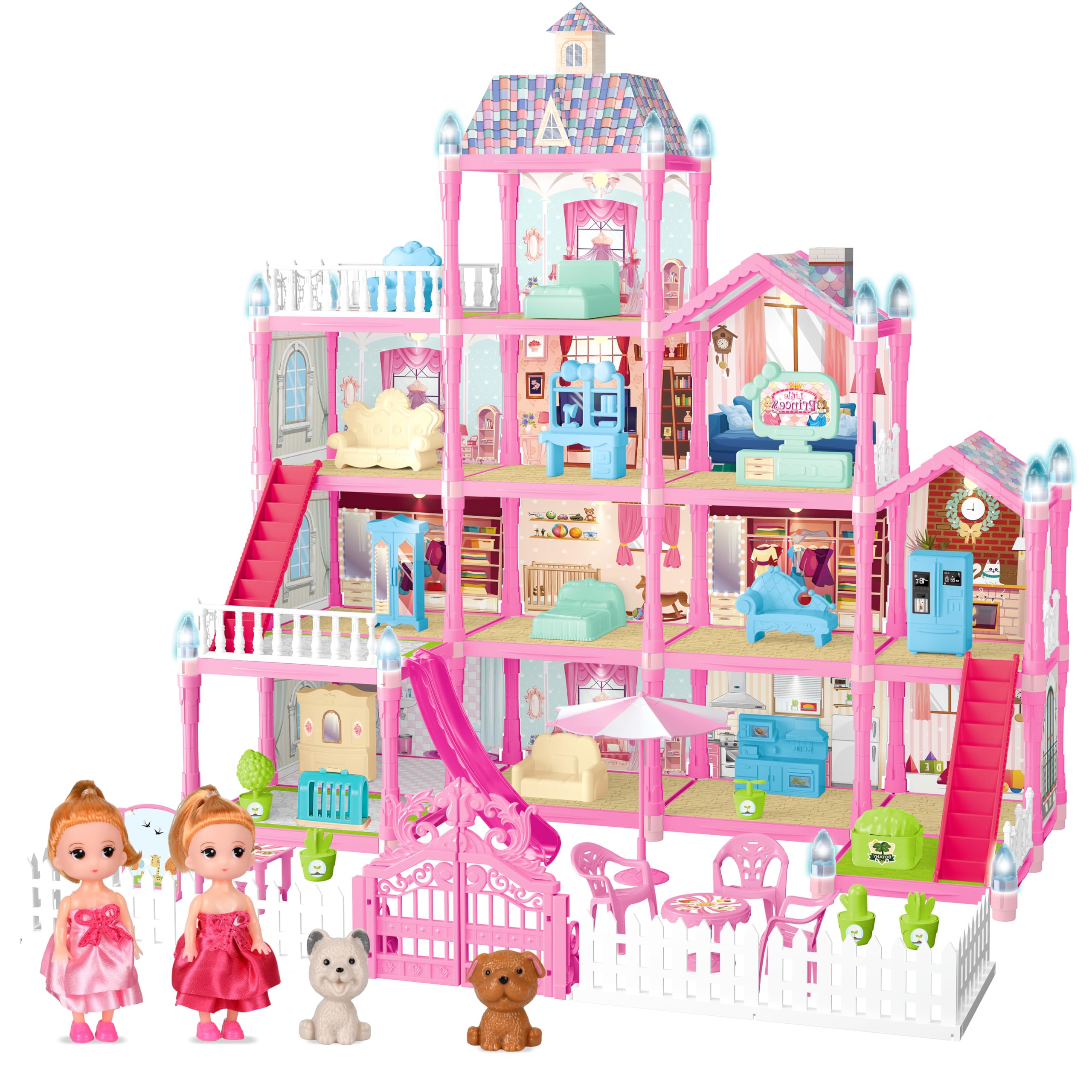 Seifar doll house pink exterior with LED lights for magical playtime.