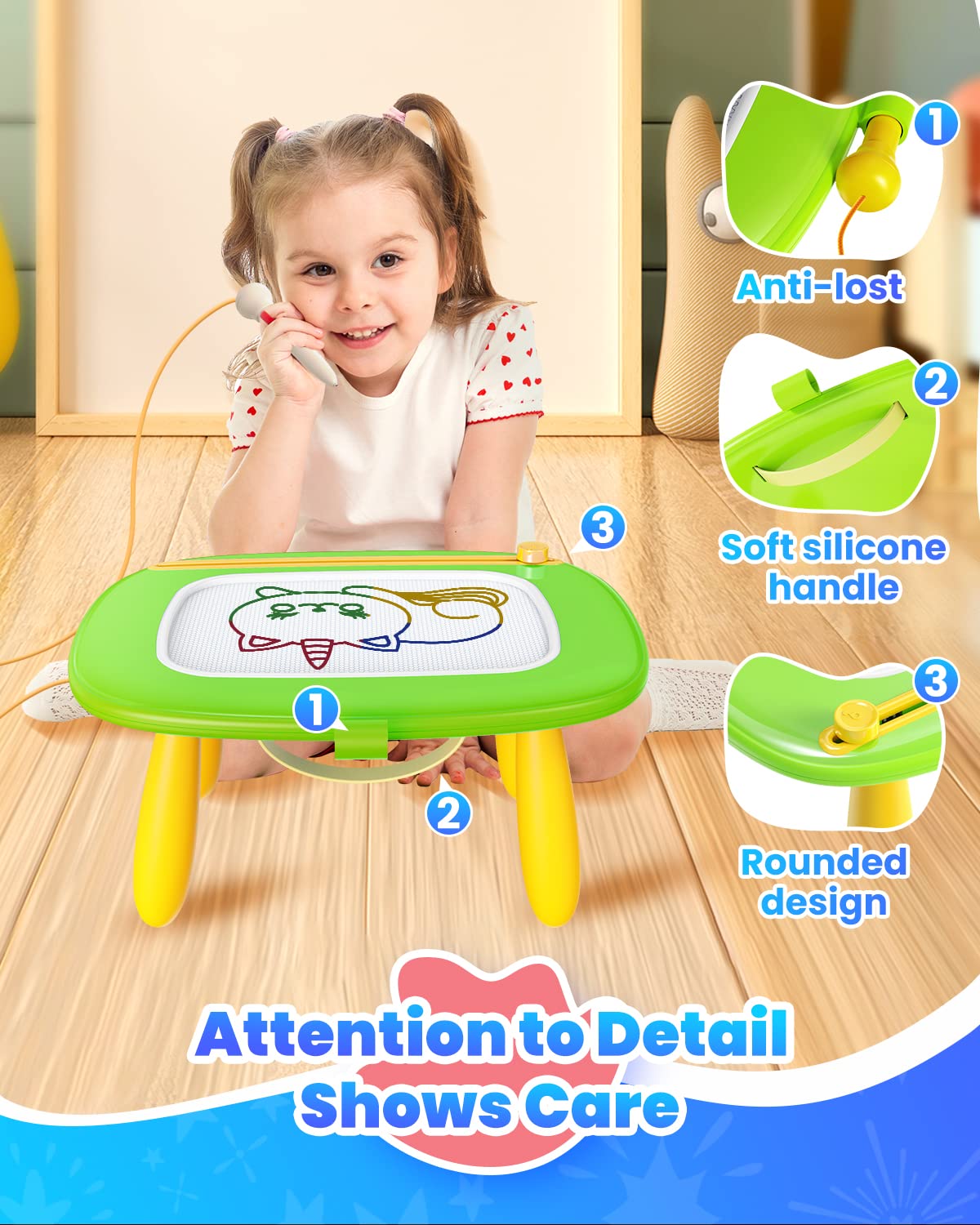 Seimome green compact design highlights portable toddler toy.