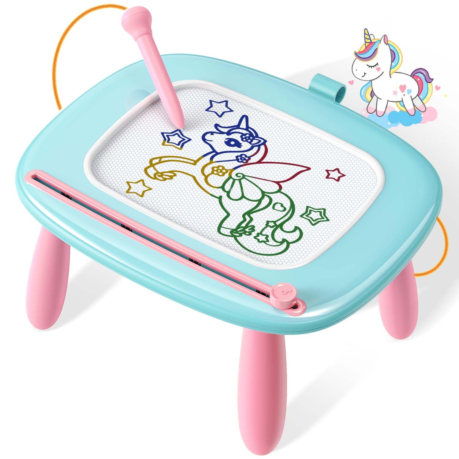 Seimome mint-blue drawing board, portable and mess-free for family fun.