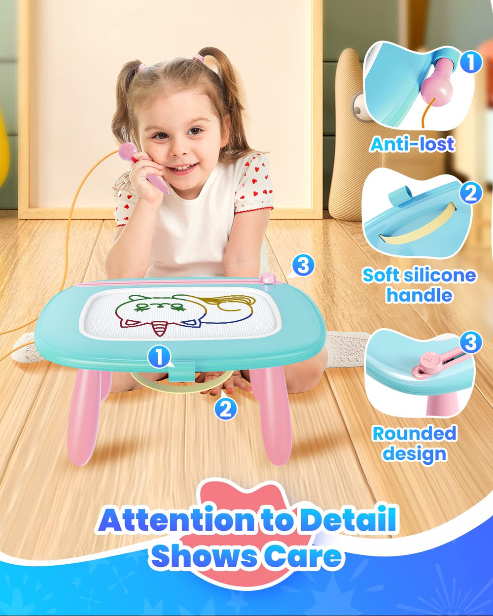 Seimome travel-friendly doodle board packs compactly for on-the-go play.