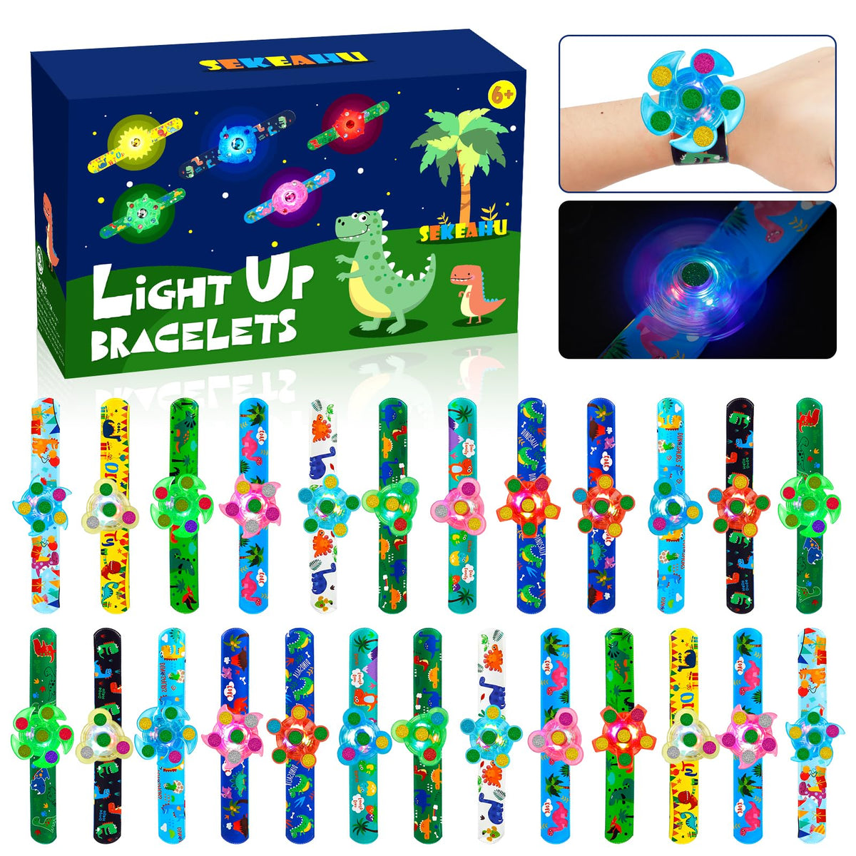 SEKEAHU dinosaur glow bracelets illuminate kids' Halloween outfits.