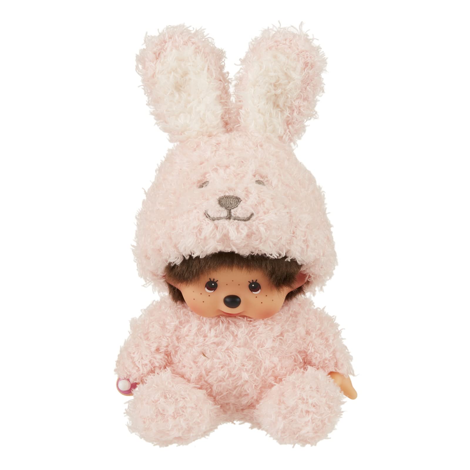 Sekiguchi 245758 Fluffy Animaru Monchhichi rabbit plush with pacifier, ideal for comforting playtime.