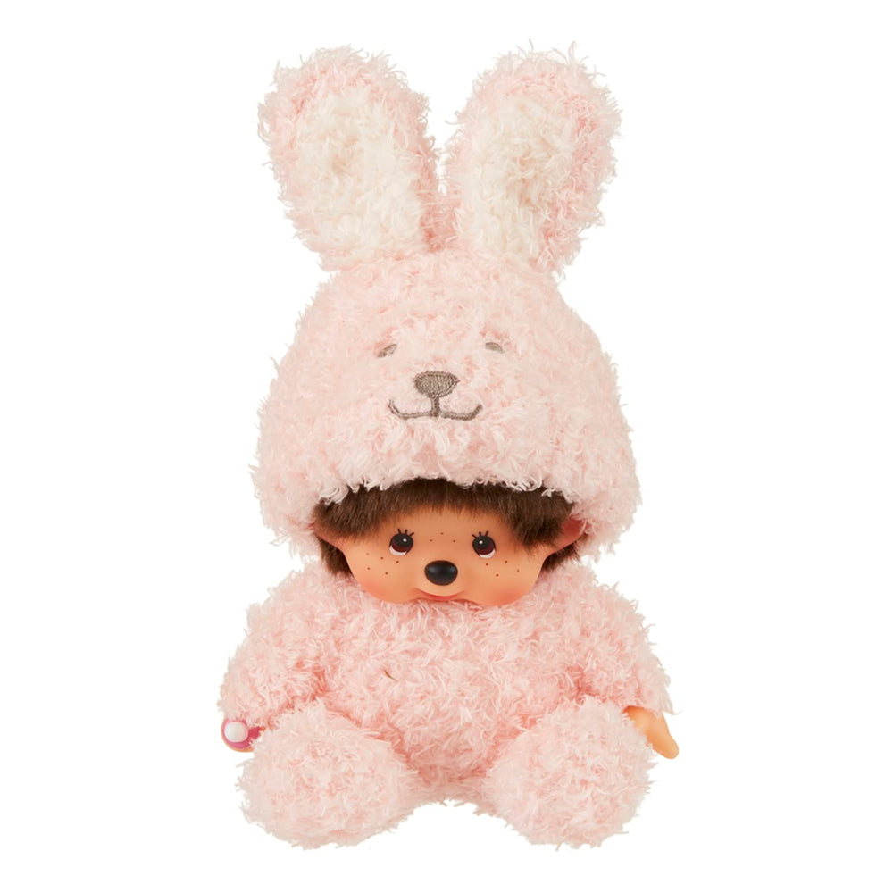 Sekiguchi 245758 Fluffy Animaru Monchhichi rabbit plush with pacifier, ideal for comforting playtime.