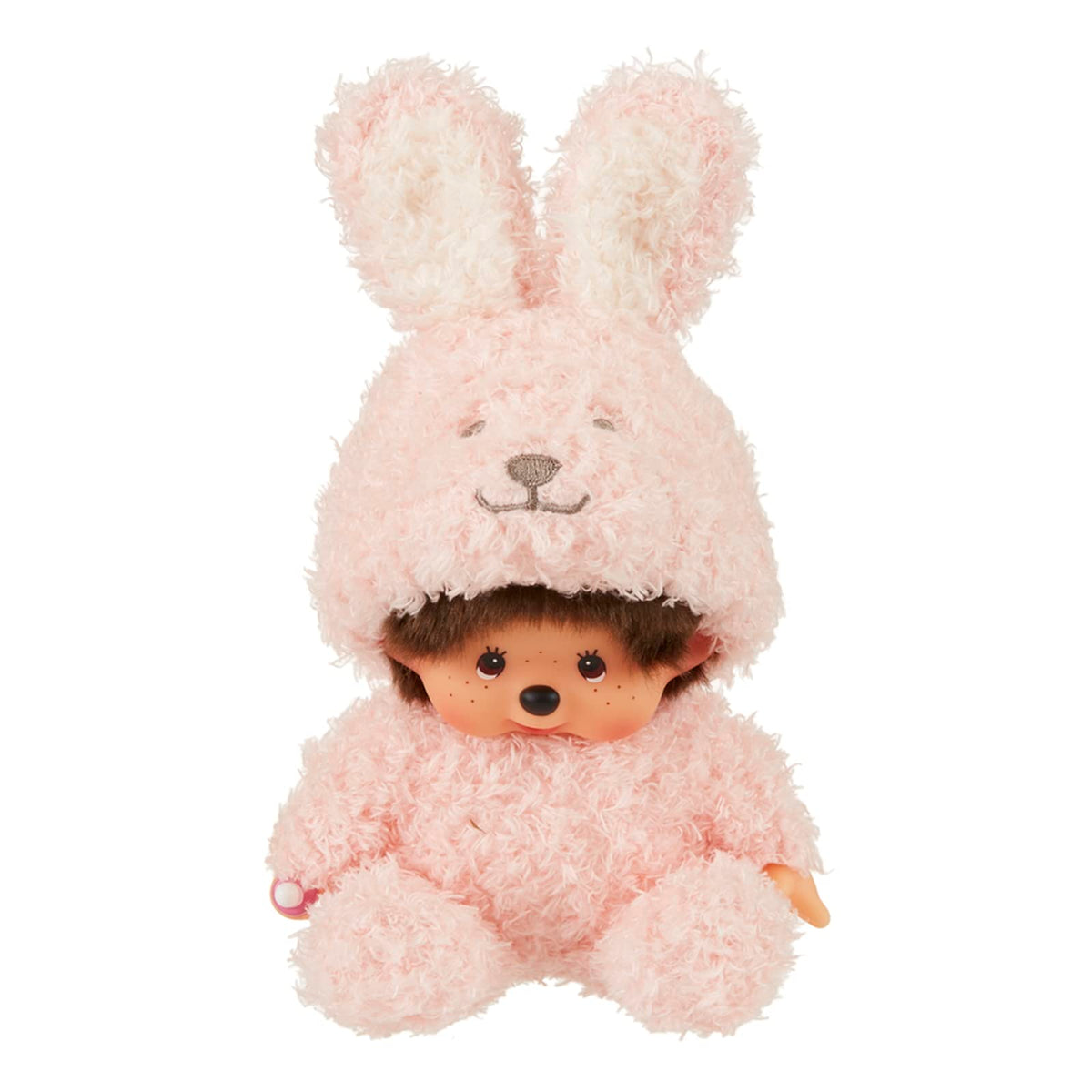 Sekiguchi 245758 Fluffy Animaru Monchhichi rabbit plush with pacifier, ideal for comforting playtime.