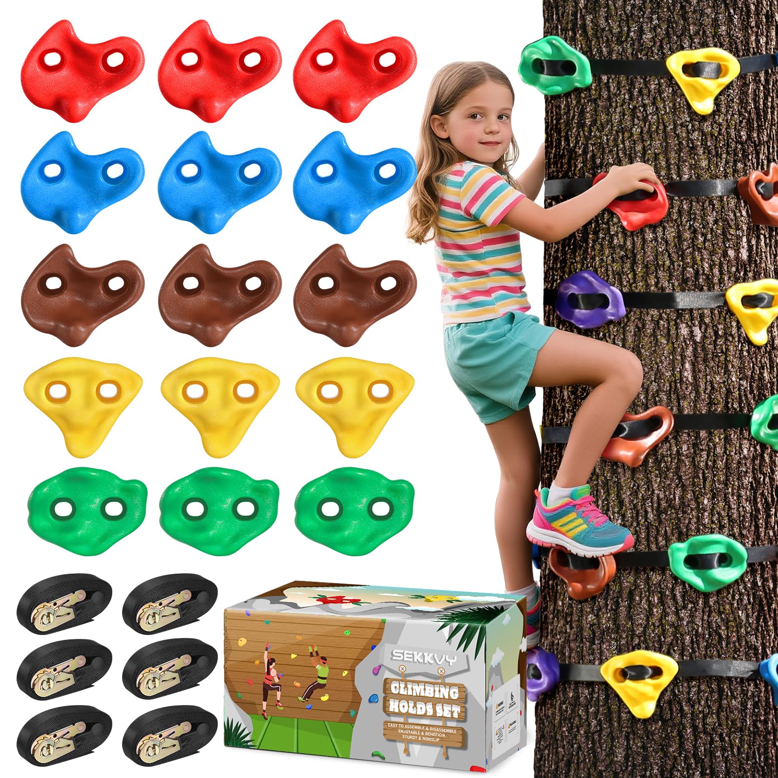 SEKKVY 15-piece climbing holds for a secure backyard tree climb.