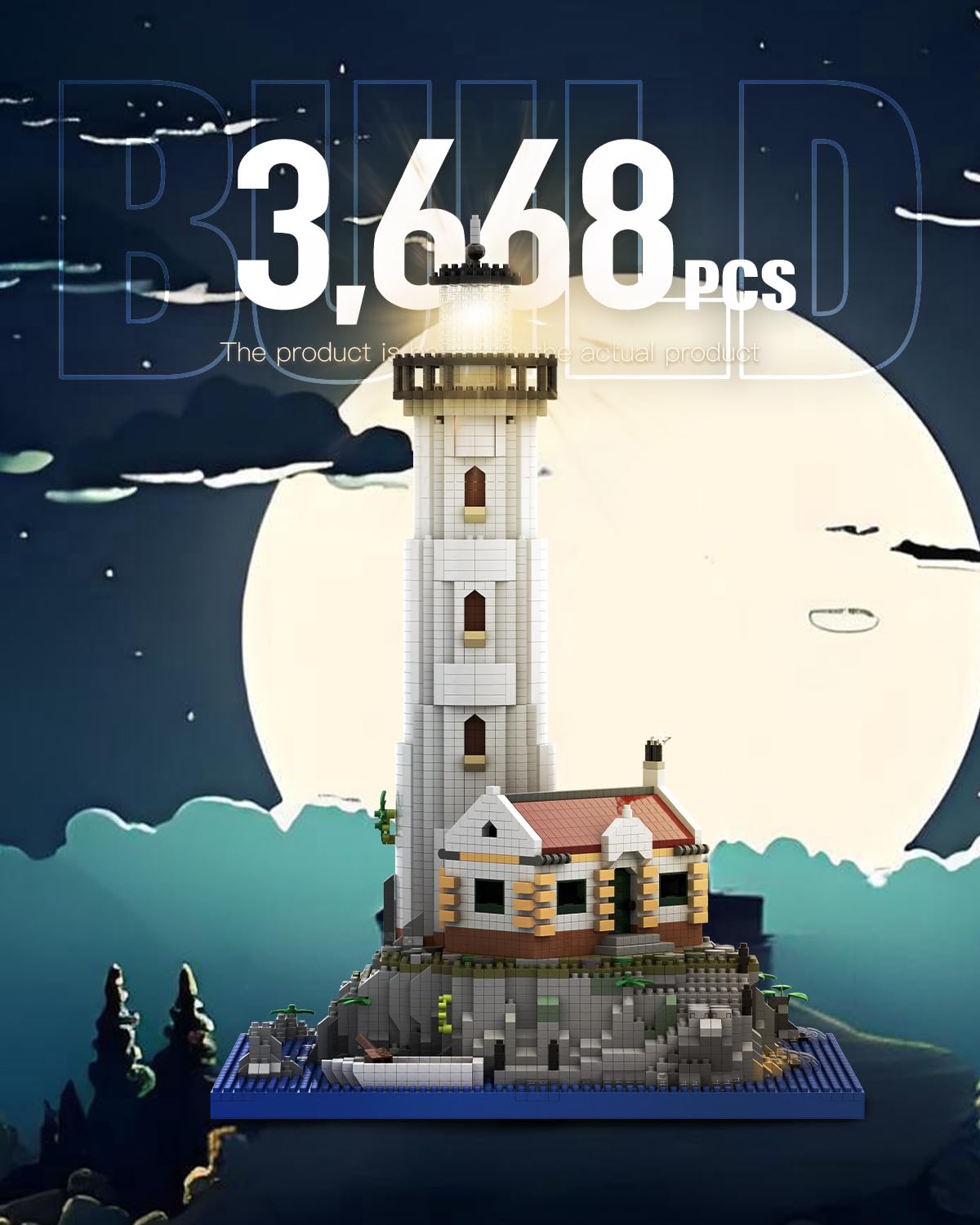 SEMKY Lighthouse with built-in lights illuminates the model after dark.