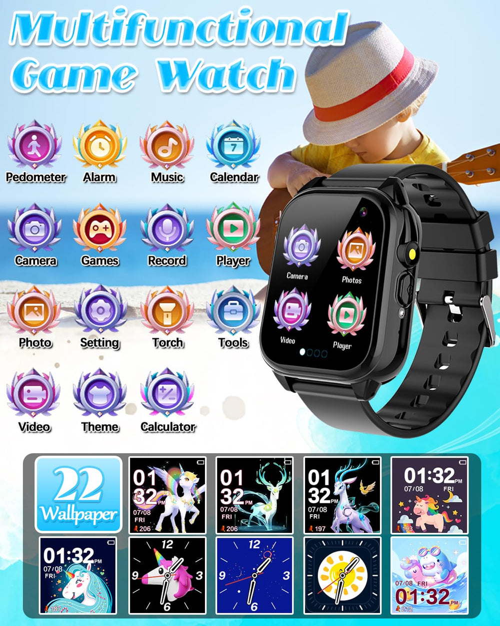 Semloo watch camera feature captures kid moments during playtime safely.