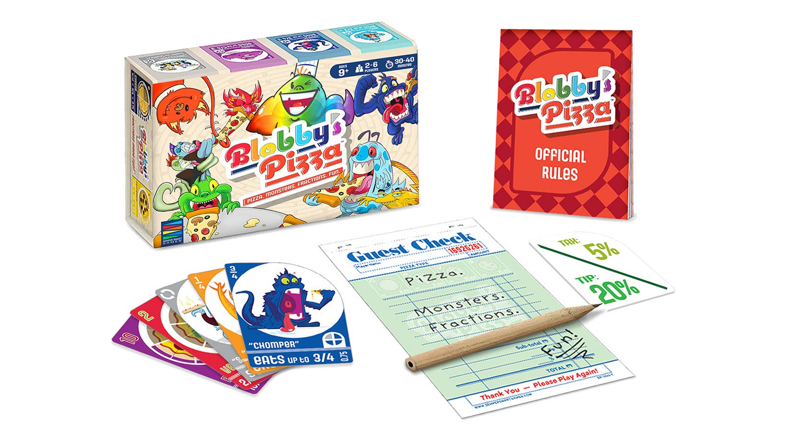 Semper Smart Games Blobby's Pizza Math monster cards showcase colorful characters for math practice.