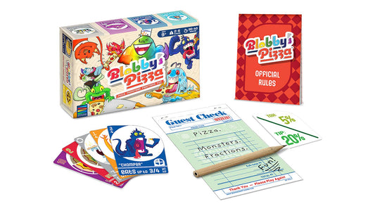 Semper Smart Games Blobby's Pizza Math monster cards showcase colorful characters for math practice.