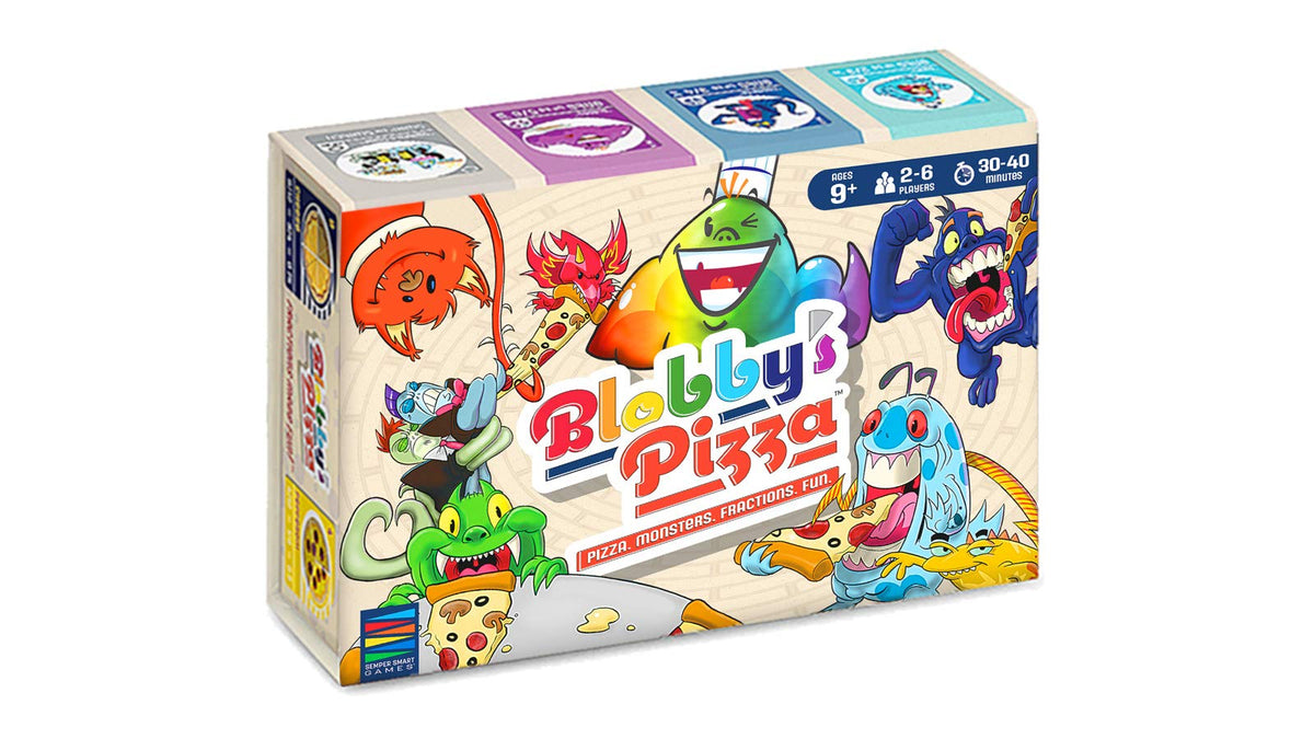 Semper Smart Games Blobby's Pizza Math set-up scene encouraging family game night.