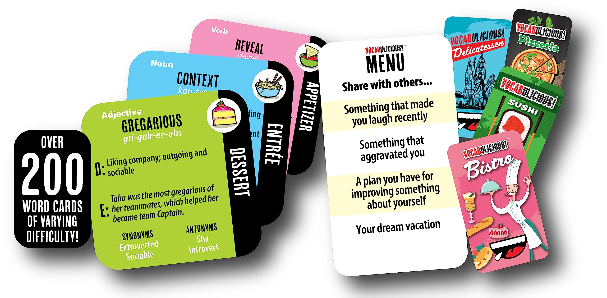 Dessert cards from VOCABULICIOUS challenge advanced vocabulary at the table.