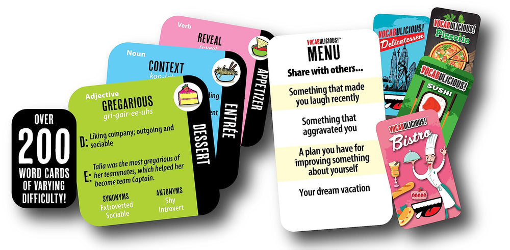 Dessert cards from VOCABULICIOUS challenge advanced vocabulary at the table.