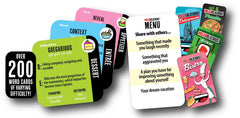 Dessert cards from VOCABULICIOUS challenge advanced vocabulary at the table.