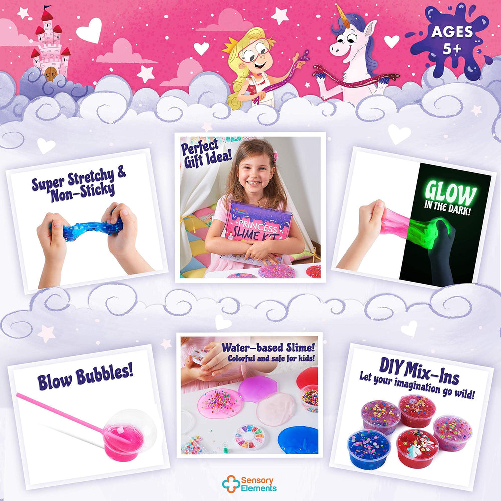 Sensory Elements Princess Slime Kit includes glitter powder for sparkling creations.
