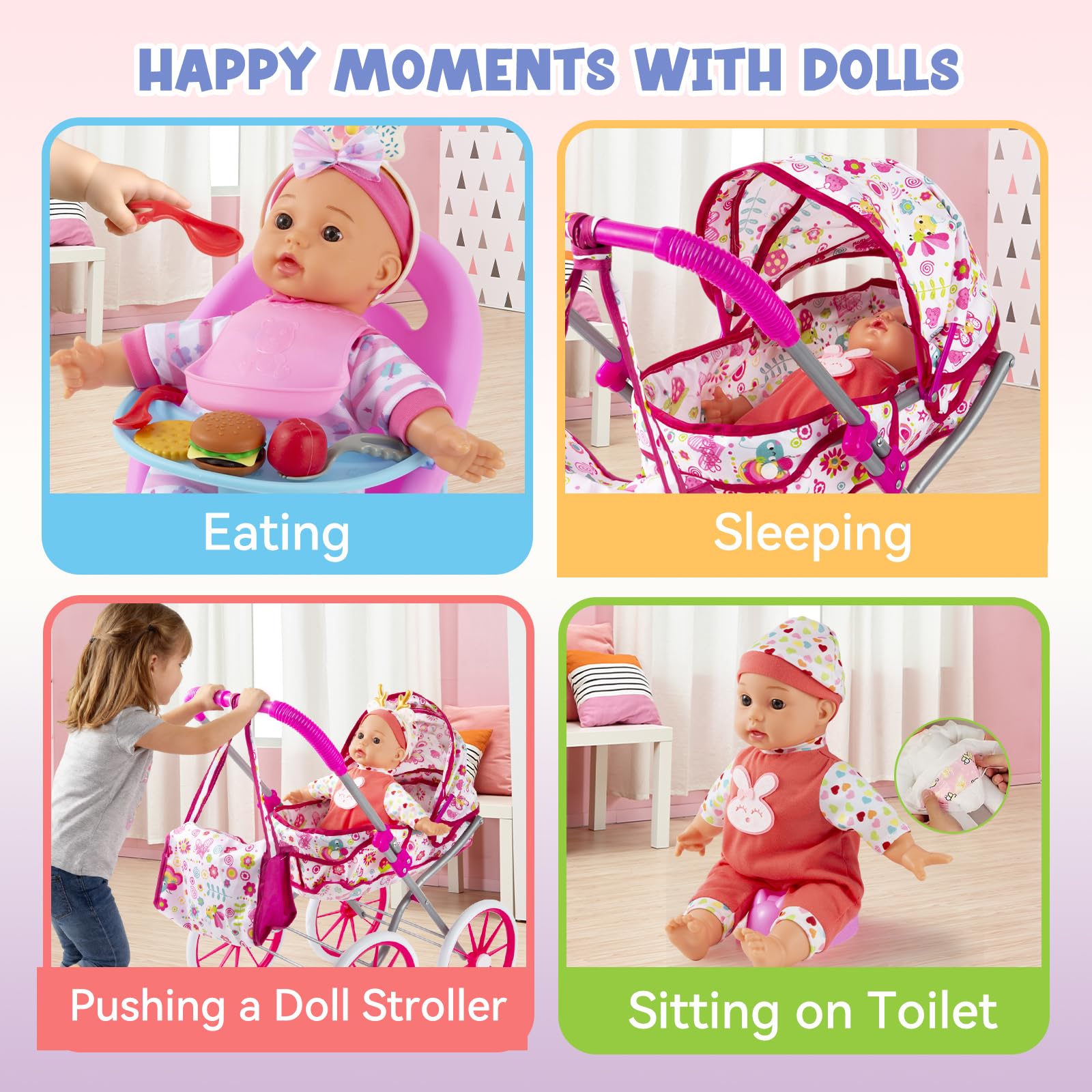 Seppacio baby-doll accessories offer tableware, bottles, and diapers for realistic routines.