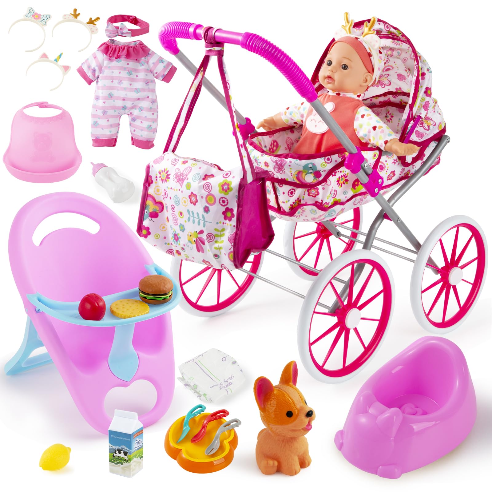 Seppacio baby doll stroller with 12.5-inch doll promotes imaginative play and nurturing.