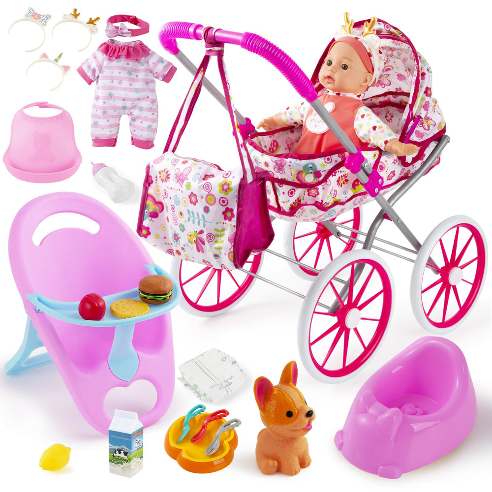 Seppacio baby doll stroller with 12.5-inch doll promotes imaginative play and nurturing.