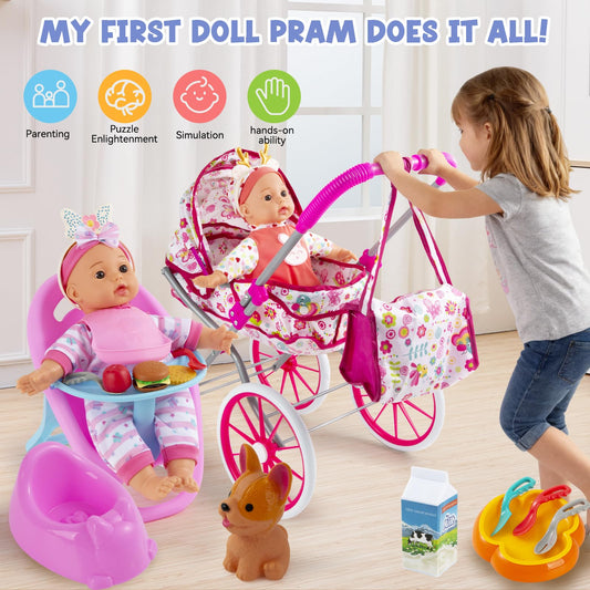 Seppacio foldable doll stroller shows smooth wheels and handle for easy indoor outdoor use.